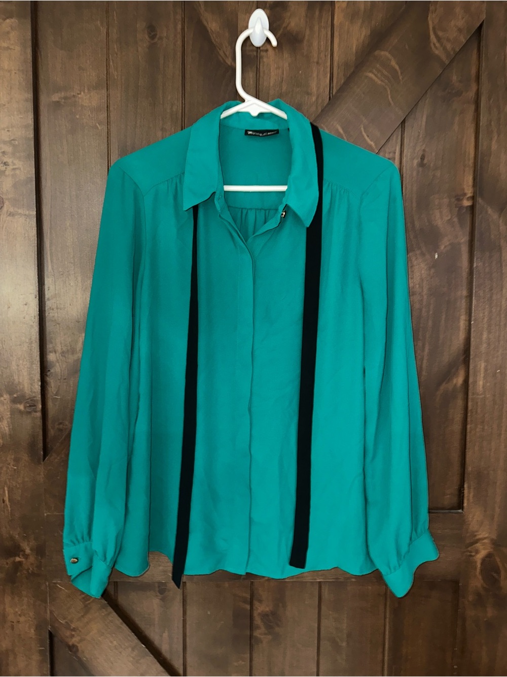 Women's Teal Button-Down Blouse with Black Tie Accents
